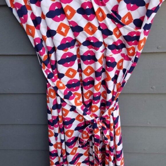 Leota Faux Wrap Dress in Navy, Pink, Orange Print See Measurements - Picture 7 of 7